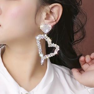 NWT Exaggerated Double Heart Shiny Rhinestone Earrings, Statement Earrings